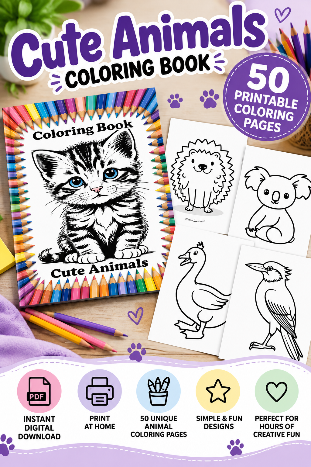Cute Animals Coloring Book – 50 Printable Coloring Pages